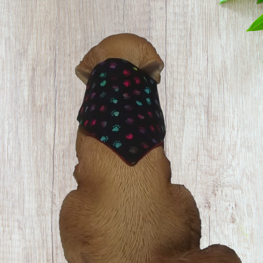Embroidered personalized reversible dog bandana over the collar style black with colorful small rainbow paw prints gift for pet lover mom or dad