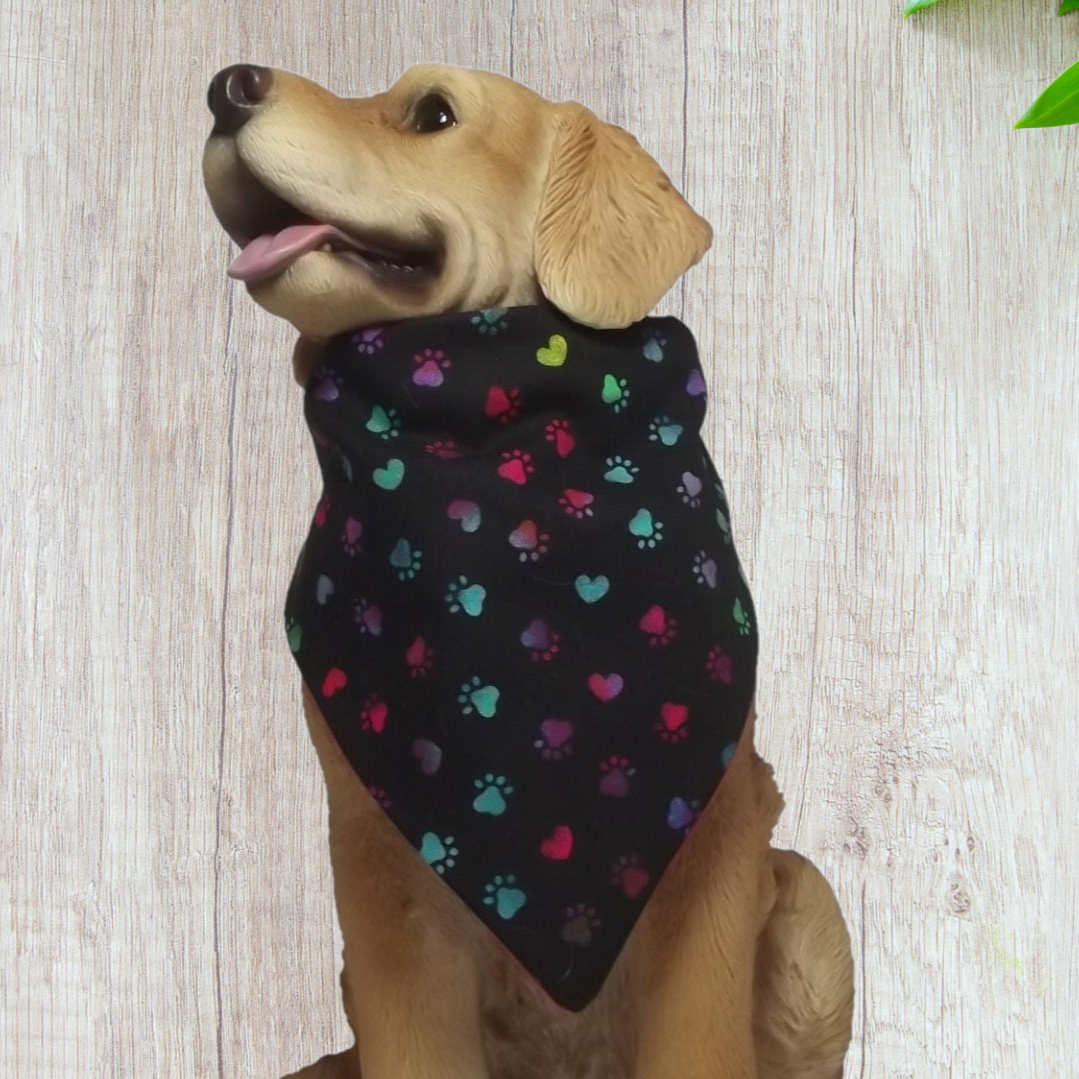 Embroidered personalized reversible dog bandana over the collar style black with colorful small rainbow paw prints gift for pet lover mom or dad