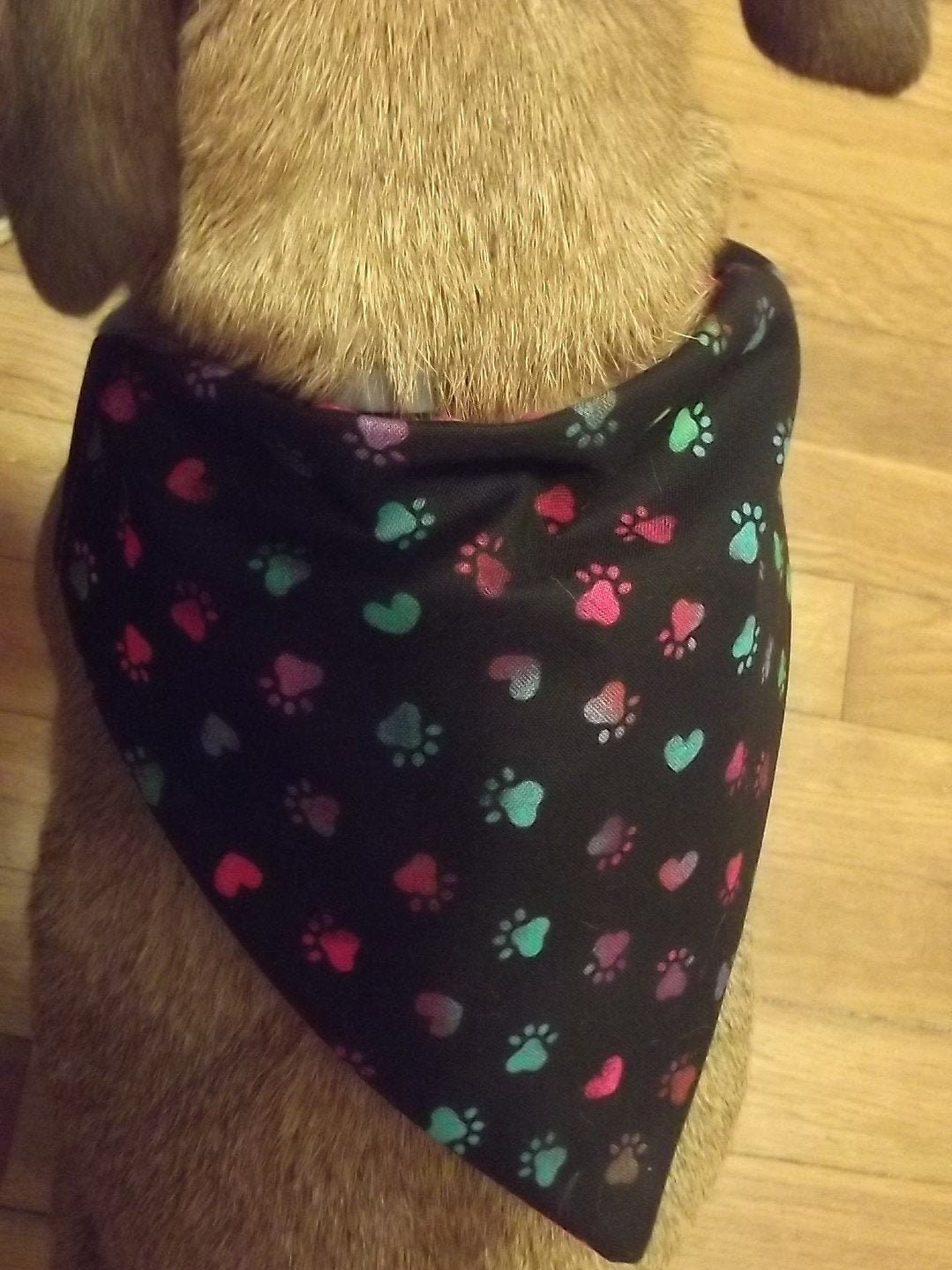 Embroidered personalized reversible dog bandana over the collar style black with colorful small rainbow paw prints gift for pet lover mom or dad