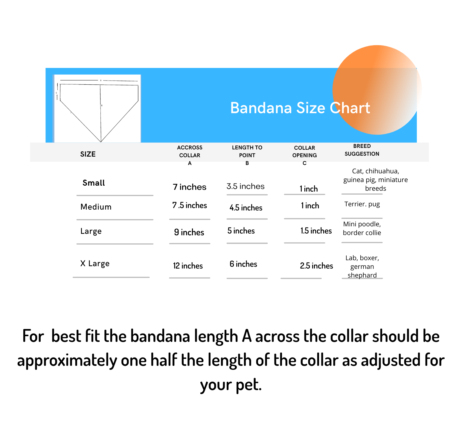 Bandana size chart with measurements for different sizes on a white background