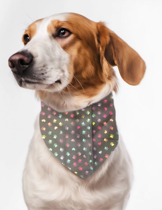 Embroidered personalized reversible dog bandana  over the collar style black with colorful small rainbow paw prints gift for pet lover mom or dad