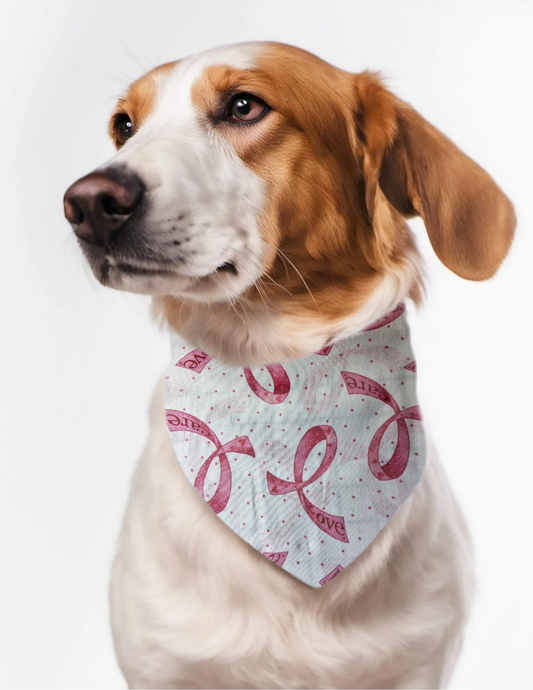 Custom embroidered personalized reversible dog bandana  over the collar with pink ribbon care design cancer awareness style