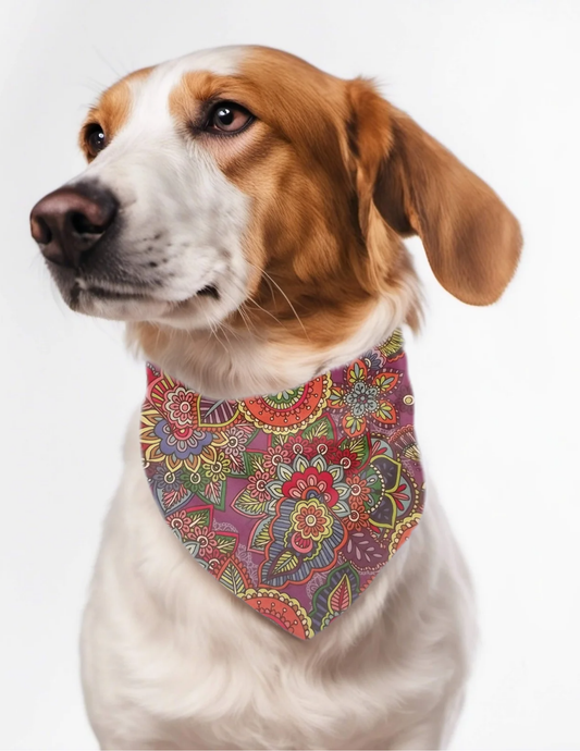 Embroidered custom personalized dog bandana  over the collar style brightly colored floral print