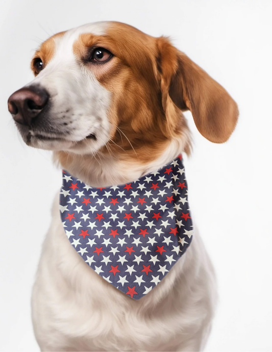 Embroidered custom personalized dog bandana  over the collar style red and white stars on navy print